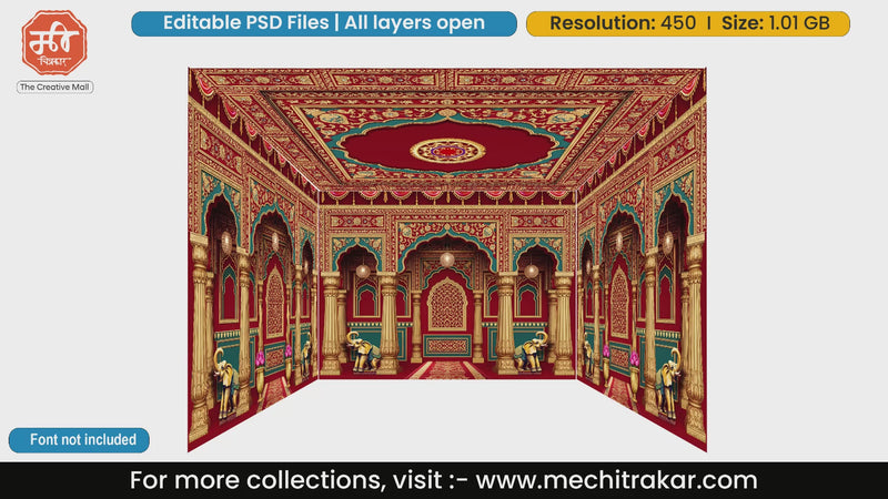 Red palatial archway 4 Side Decoration editable psd template featuring majestic elephants and intricate gold detailing.