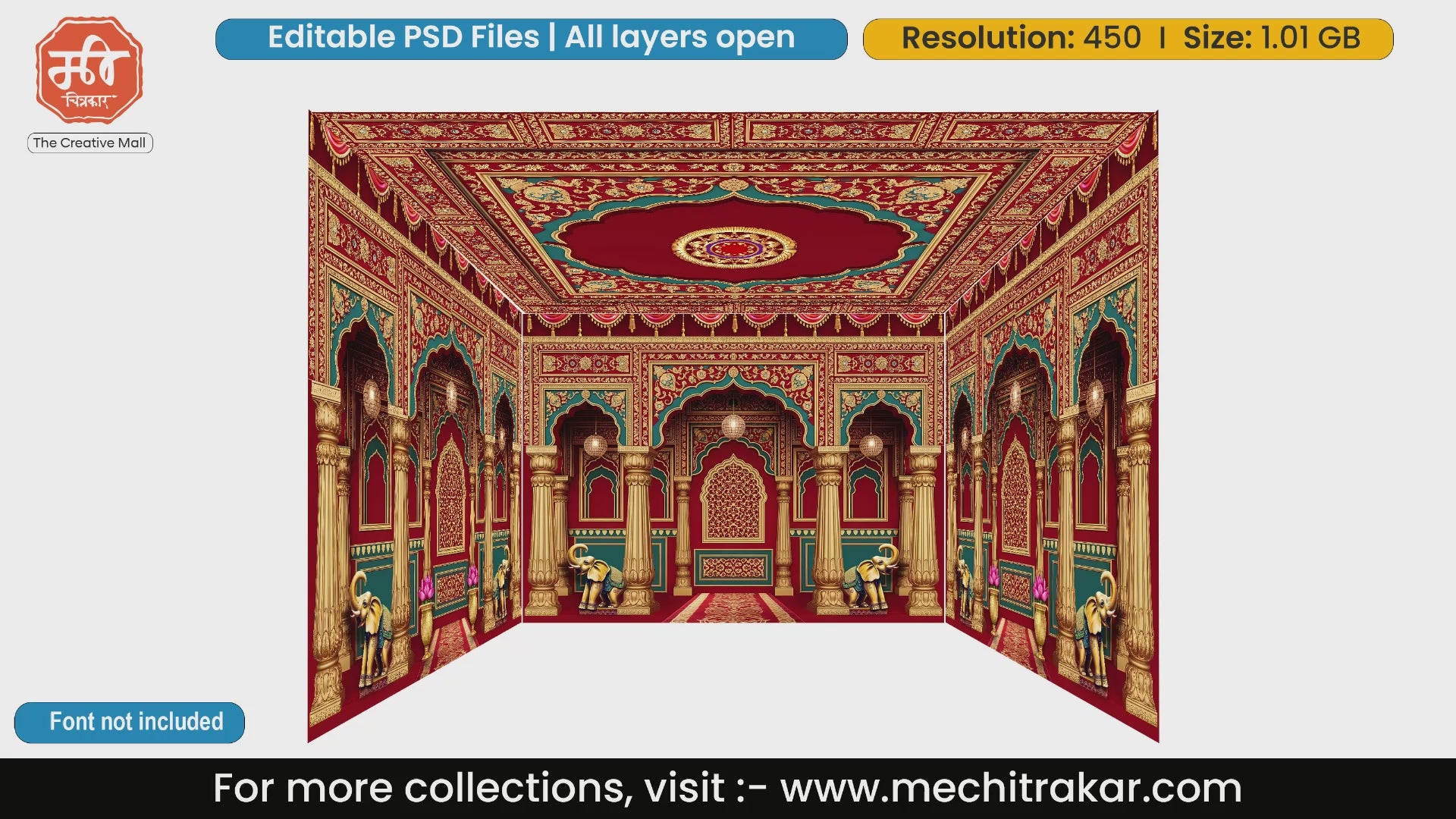 Red palatial archway 4 Side Decoration editable psd template featuring majestic elephants and intricate gold detailing.