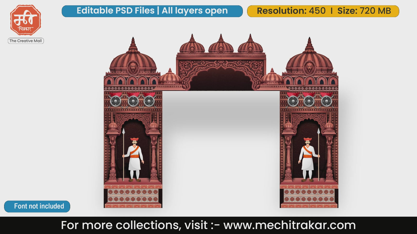 Royal Maratha red stone fort entrance editable PSD template with Mawale guards for Shivjayanti