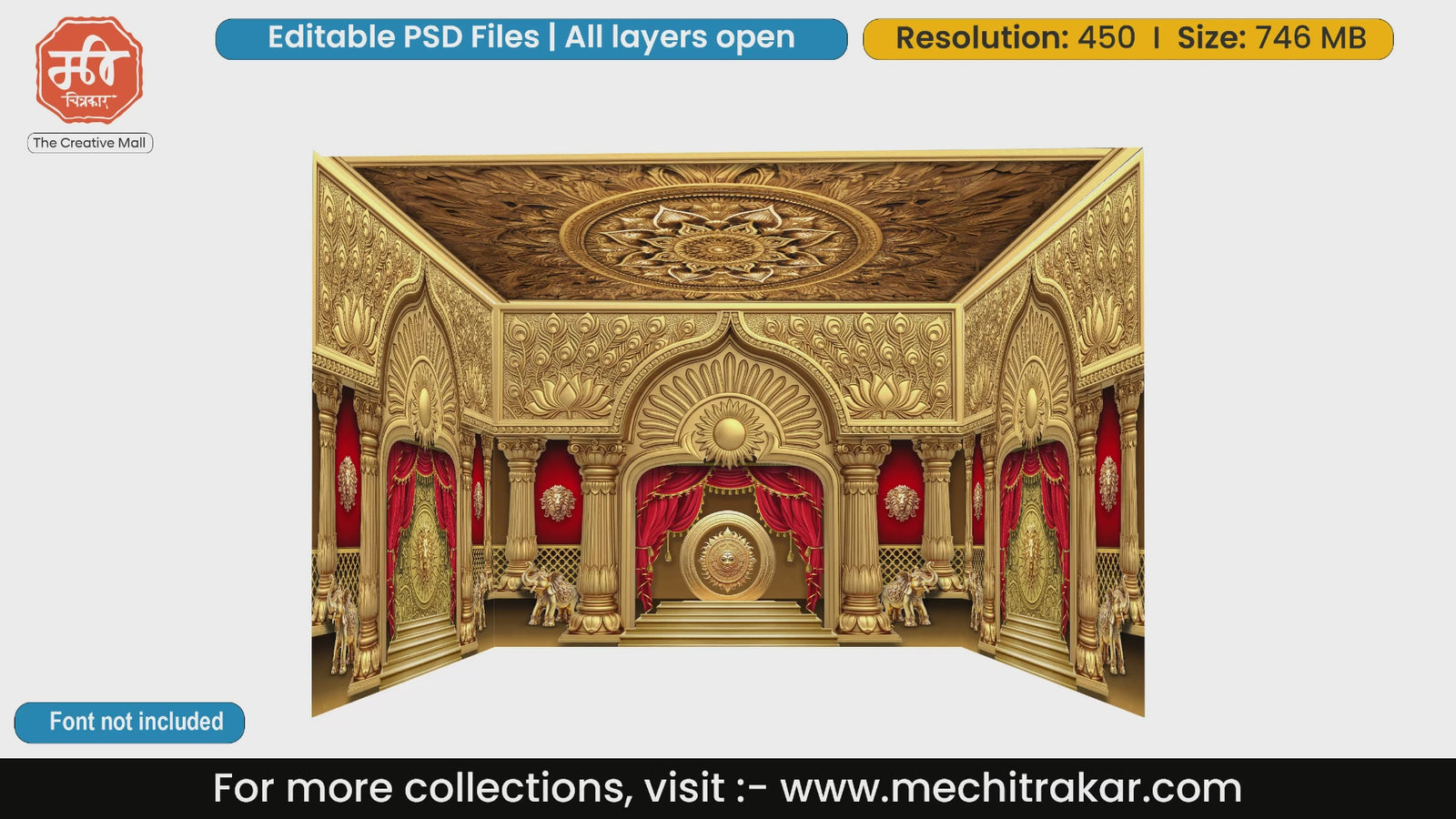 Luxurious pure gold and red royal durbar featuring majestic peacock feather motifs