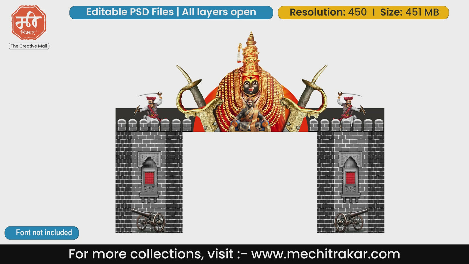 Dark stone fort entry gate PSD template with Goddess Tulja Bhavani, Chhatrapati Shivaji Maharaj, and swords.