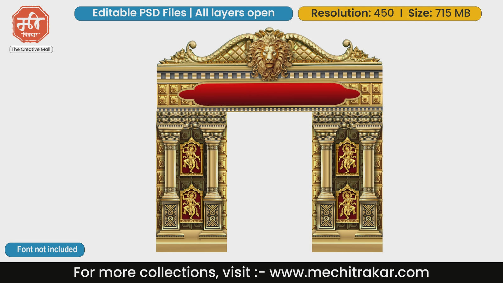 Editable PSD template of luxury golden entry gate with royal lion head emblem and traditional dancing apsara pillar carvings.