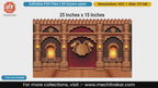 Ornate wooden backdrop with central Rajmudra, roaring lions, and flaming torches editable PSD template.
