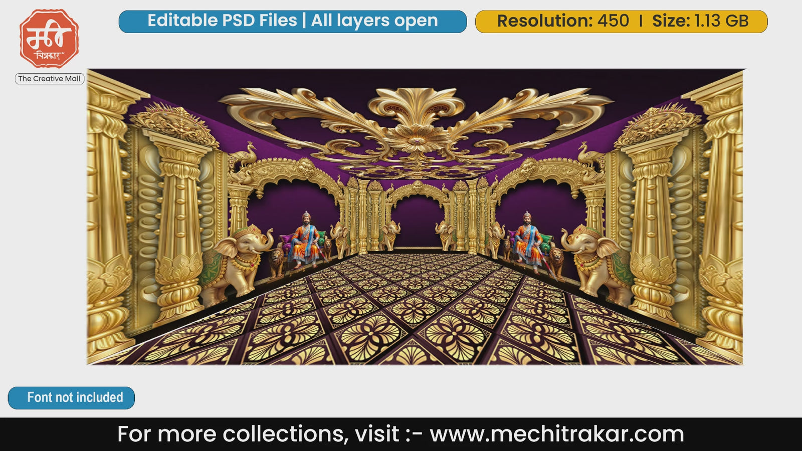Chhatrapati Shivaji Maharaj Golden Purple Darbar with Elephants – Editable PSD Backdrop