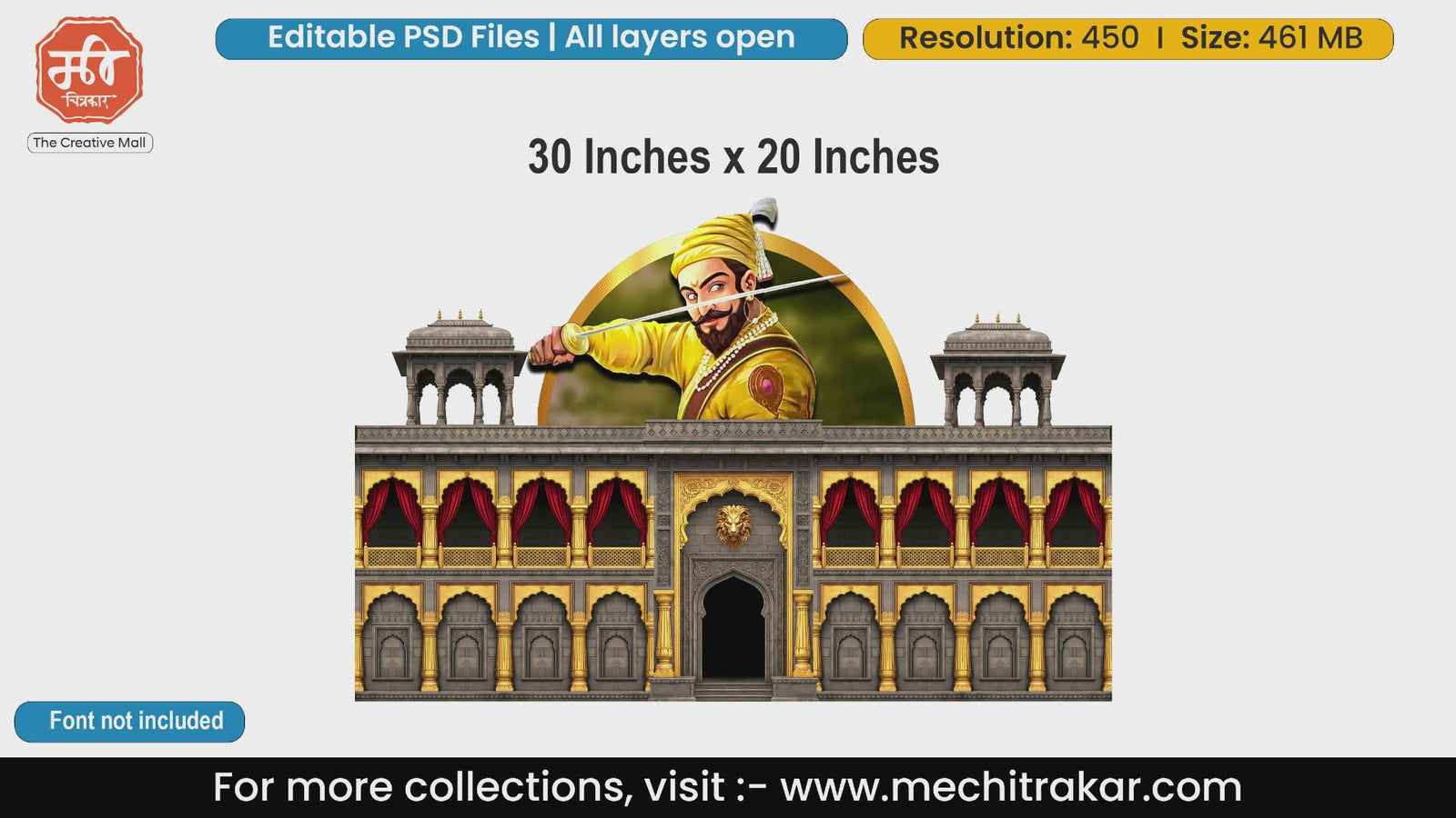 Dynamic portrait frame of Chhatrapati Shivaji Maharaj with a sword over a golden palace editable PSD template.
