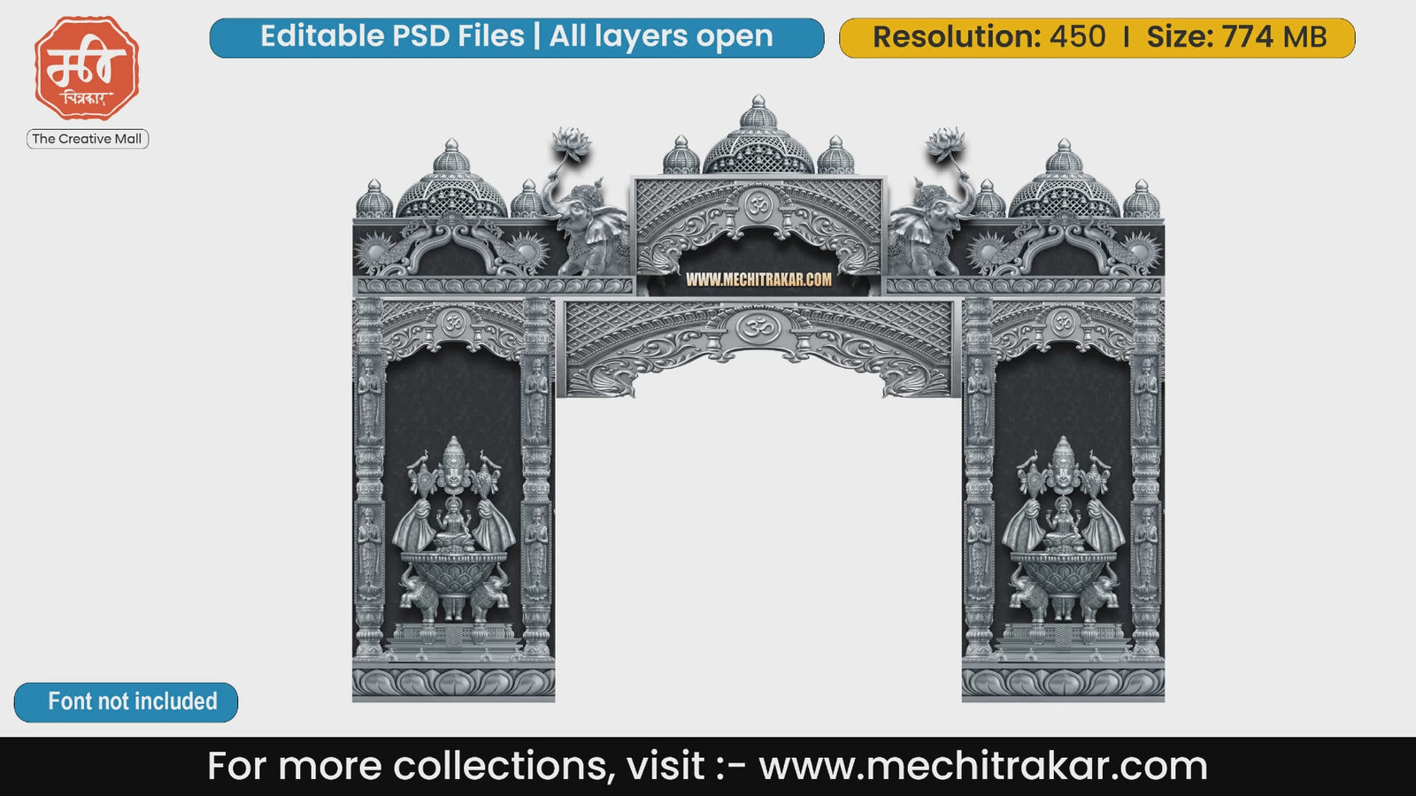 Exquisite silver temple style entry gates editable psd template highlighting Lord Ganesha with intricate traditional carvings and elephant pillars for auspicious ceremonies