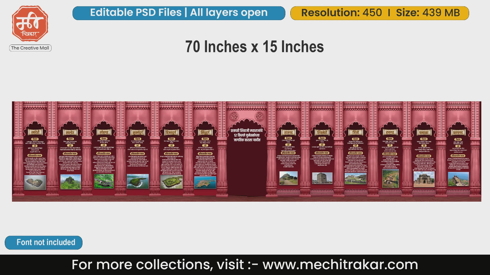 Panoramic editable PSD template showcasing 12 historic forts of Chhatrapati Shivaji Maharaj.