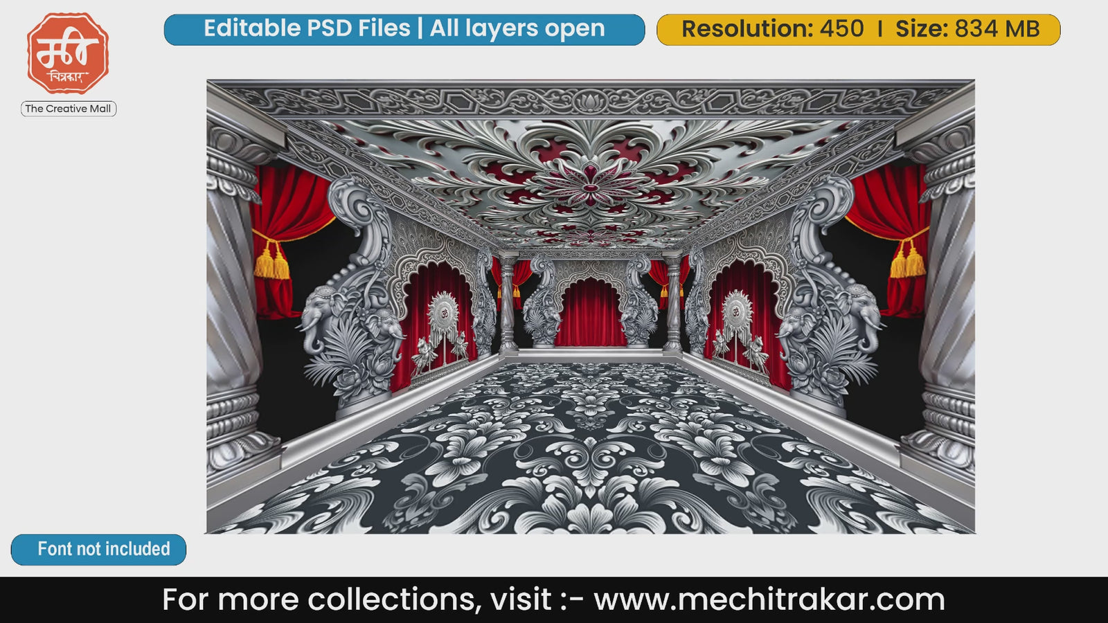 Silver Om Elephant & Mooshak Royal Palace with Red Curtains – Editable PSD Backdrop
