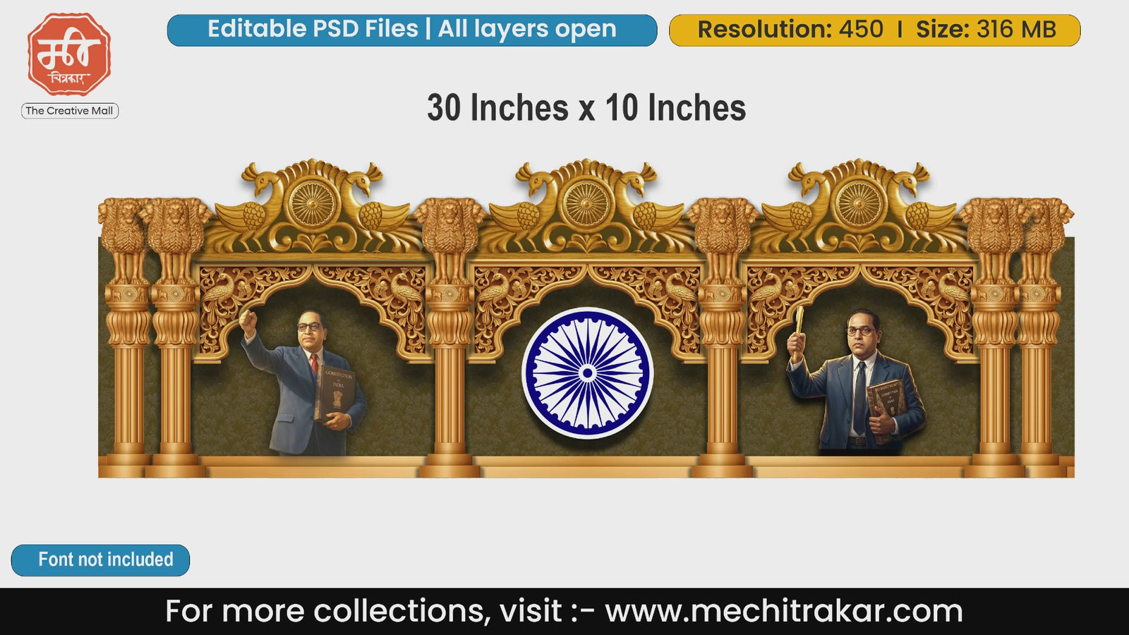 Dr. Babasaheb Ambedkar and Ashok Chakra editable PSD template with golden peacock pillars.