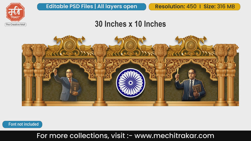 Dr. Babasaheb Ambedkar and Ashok Chakra editable PSD template with golden peacock pillars.
