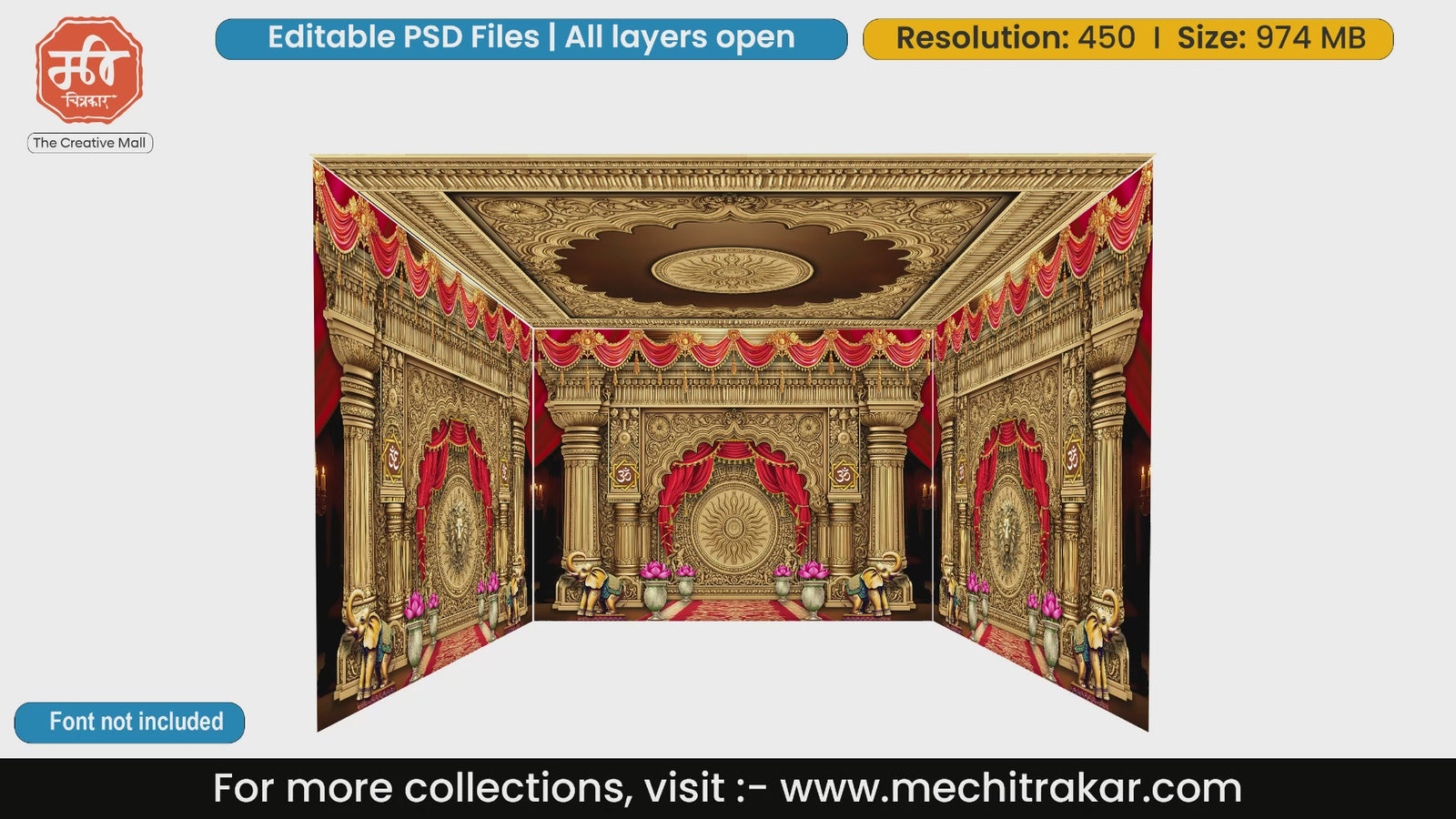 Golden royal temple 4 Side Decoration editable psd template with Om symbols and elephants for event planners.