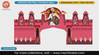 Red fort style entry gate PSD template featuring Chhatrapati Shivaji Maharaj, army of Mawale, and turrets.
