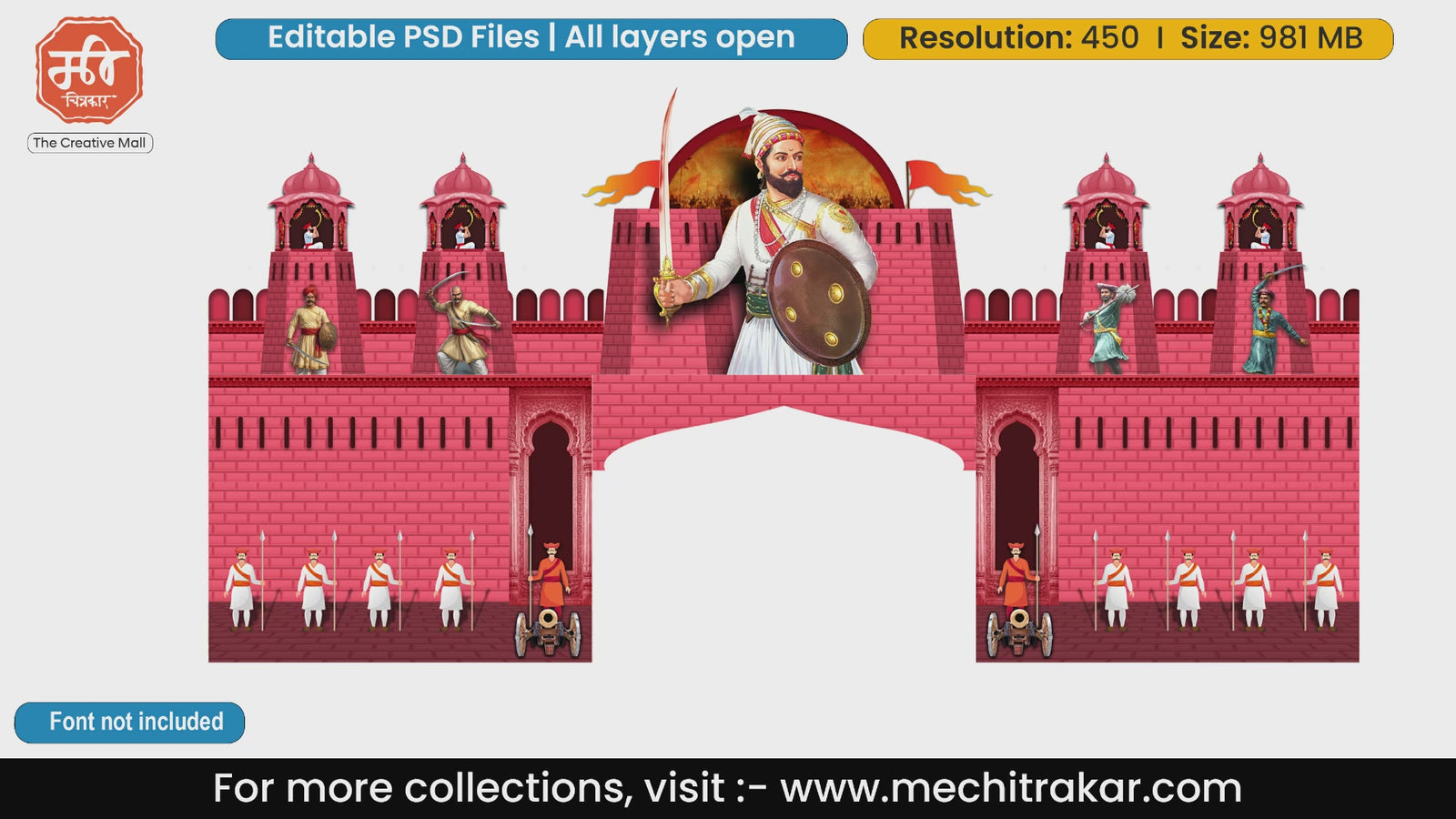 Red fort style entry gate PSD template featuring Chhatrapati Shivaji Maharaj, army of Mawale, and turrets.