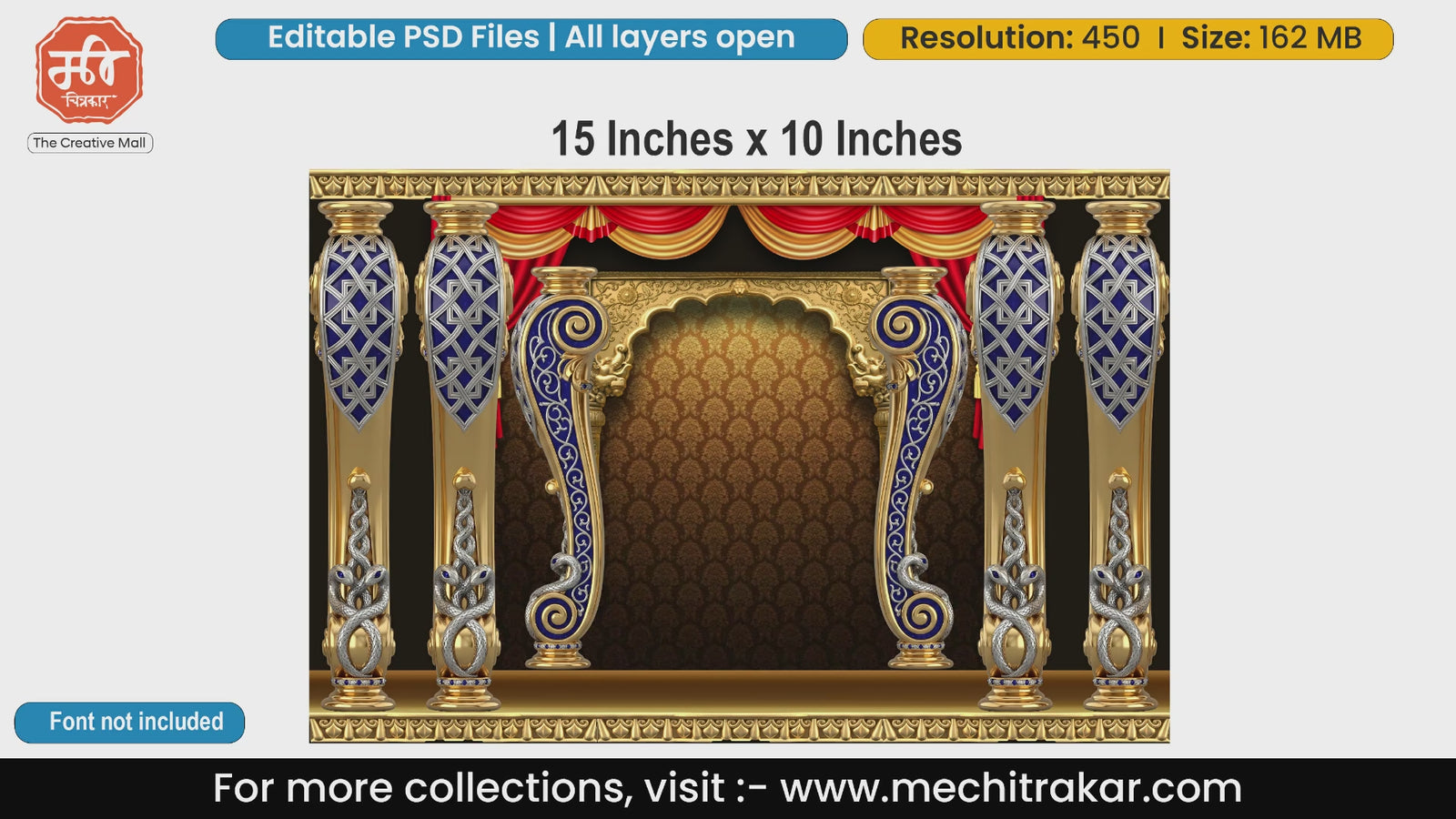 Royal golden and blue pillar with red curtains backdrop editable psd template