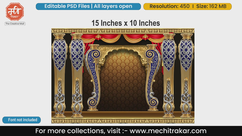 Royal golden and blue pillar with red curtains backdrop editable psd template