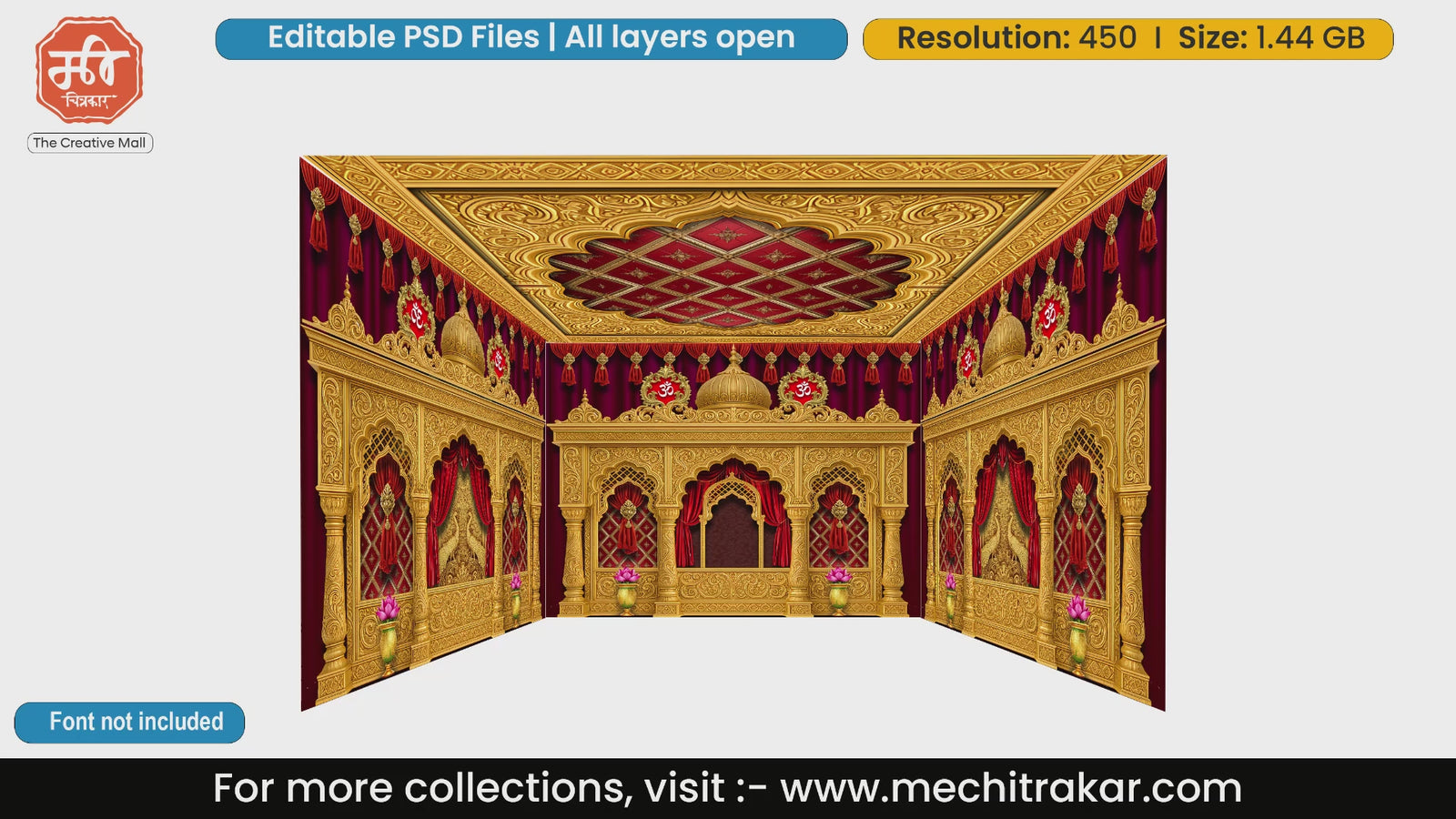 Auspicious red drapes and golden arches 4 Side Decoration editable psd template featuring Om symbols and lotus pots