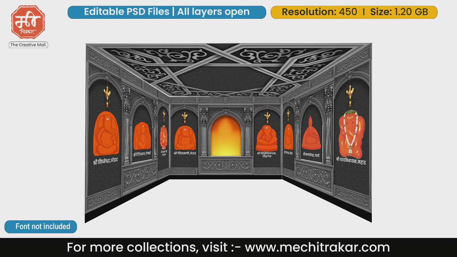 Eight Ganesha idols Ashtavinayak dark stone temple 4 Side Decoration editable psd template