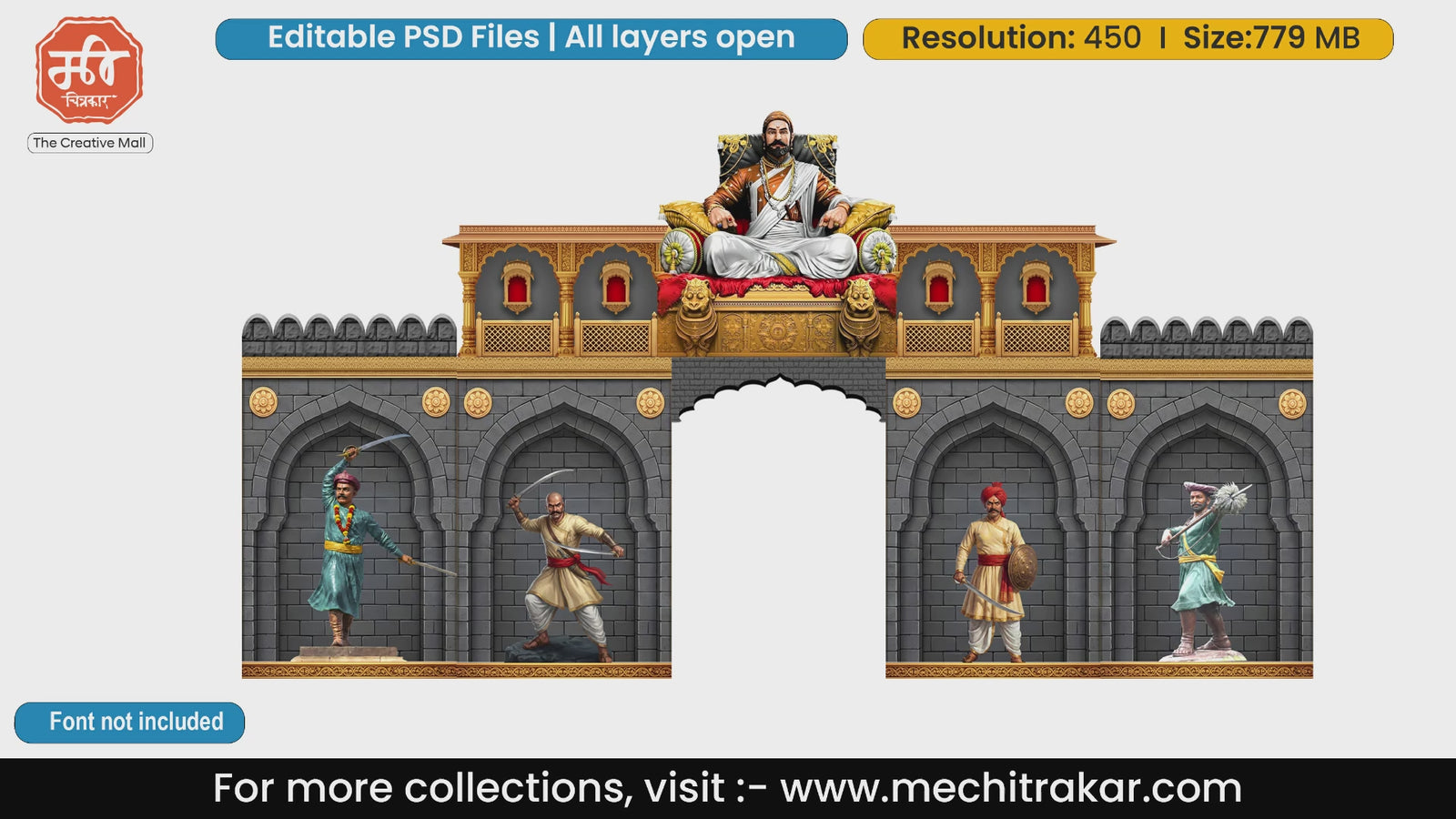 Golden throne entry gate editable PSD template featuring Chhatrapati Shivaji Maharaj and 4 Maratha warriors in grey archways for event banners.