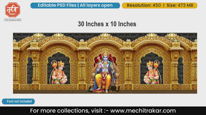Lord Rama sitting on throne surrounded by kneeling Hanuman in golden temple editable psd template