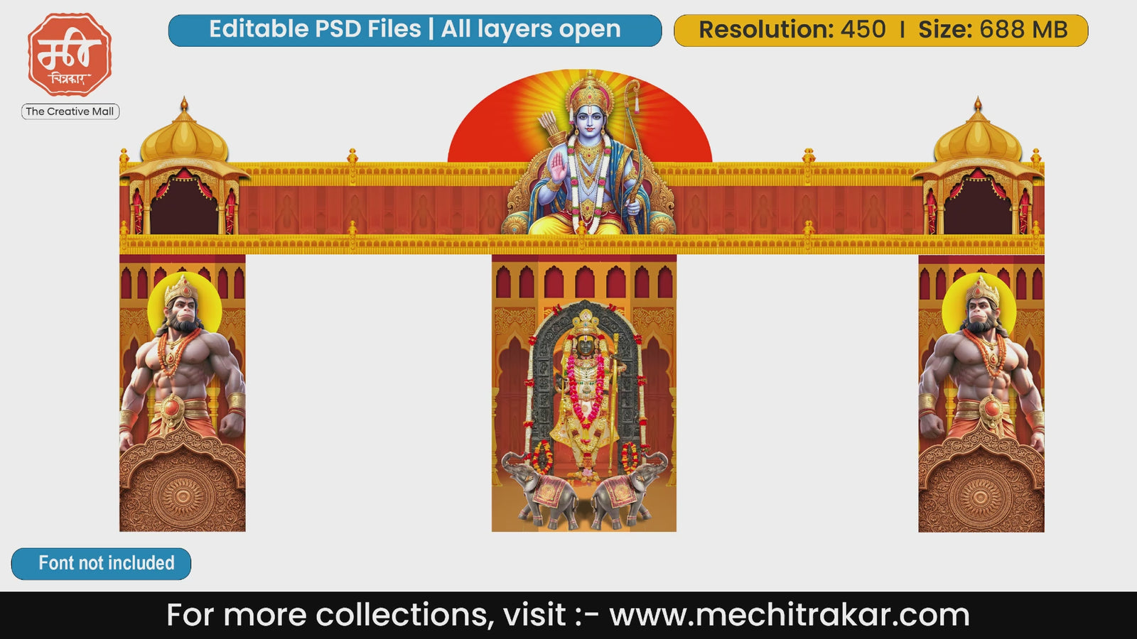 Shri Ram and Ram Lalla central idol with Hanuman entry gate editable PSD template with orange traditional temple pillars.