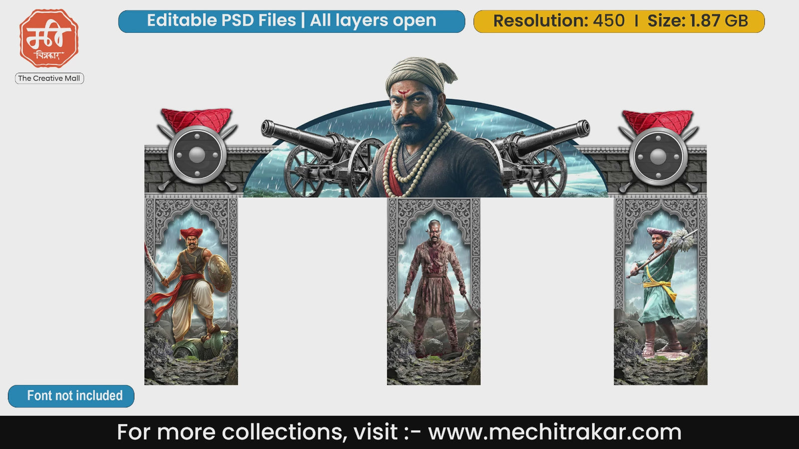 Editable PSD template of Swarajya event gate featuring a fierce Chhatrapati Shivaji Maharaj with cannons and Mawale guards in a rain theme