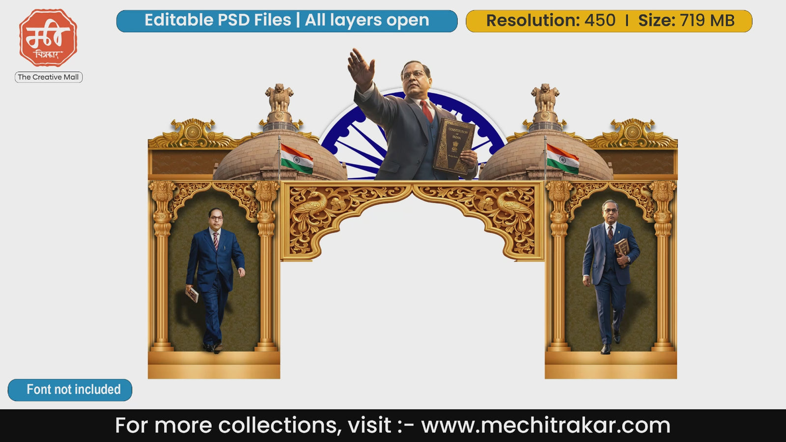 3D Dr Babasaheb Ambedkar Jayanti entry gate editable PSD template with Parliament dome