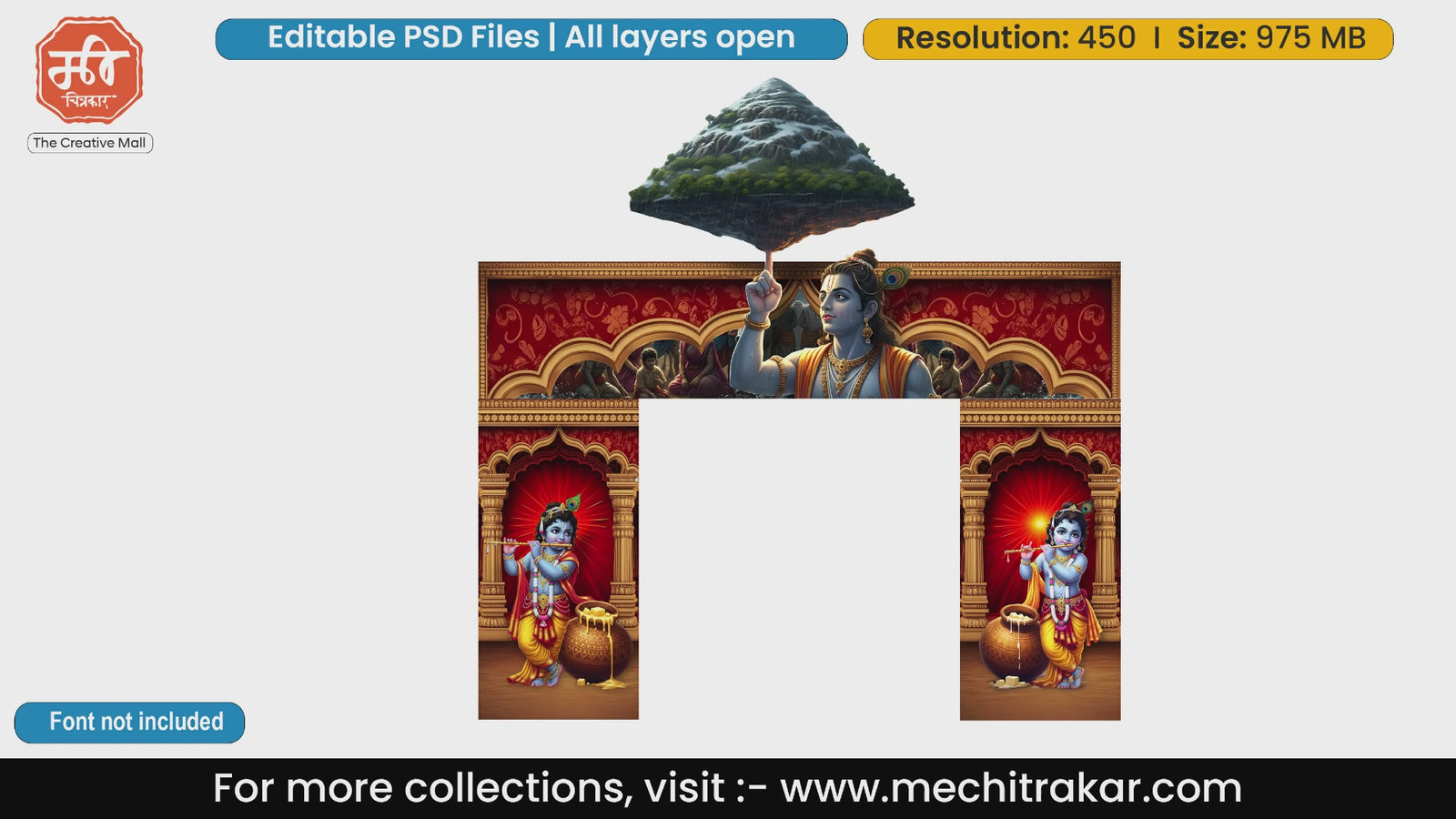 Govardhan Puja Lord Krishna lifting mountain entry gate editable PSD template with Makhan Chor pillars