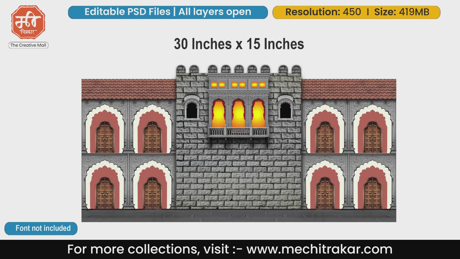 Historic fort exterior editable PSD template featuring illuminated Jharokha balconies and arched wooden doors.
