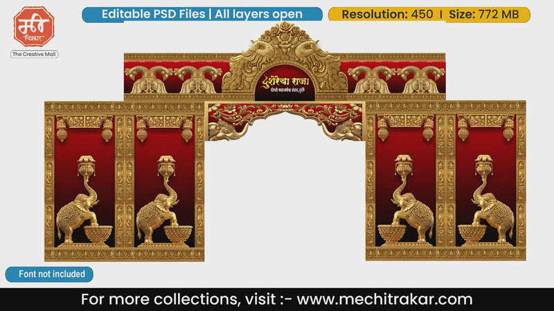 Red and gold Dussehra entry gate template featuring majestic elephants holding lamps.