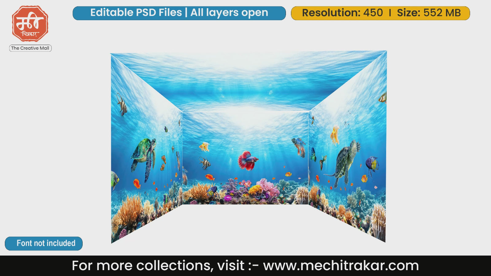 Deep blue ocean underwater theme 4 Side Decoration editable psd template featuring coral reefs and marine life.