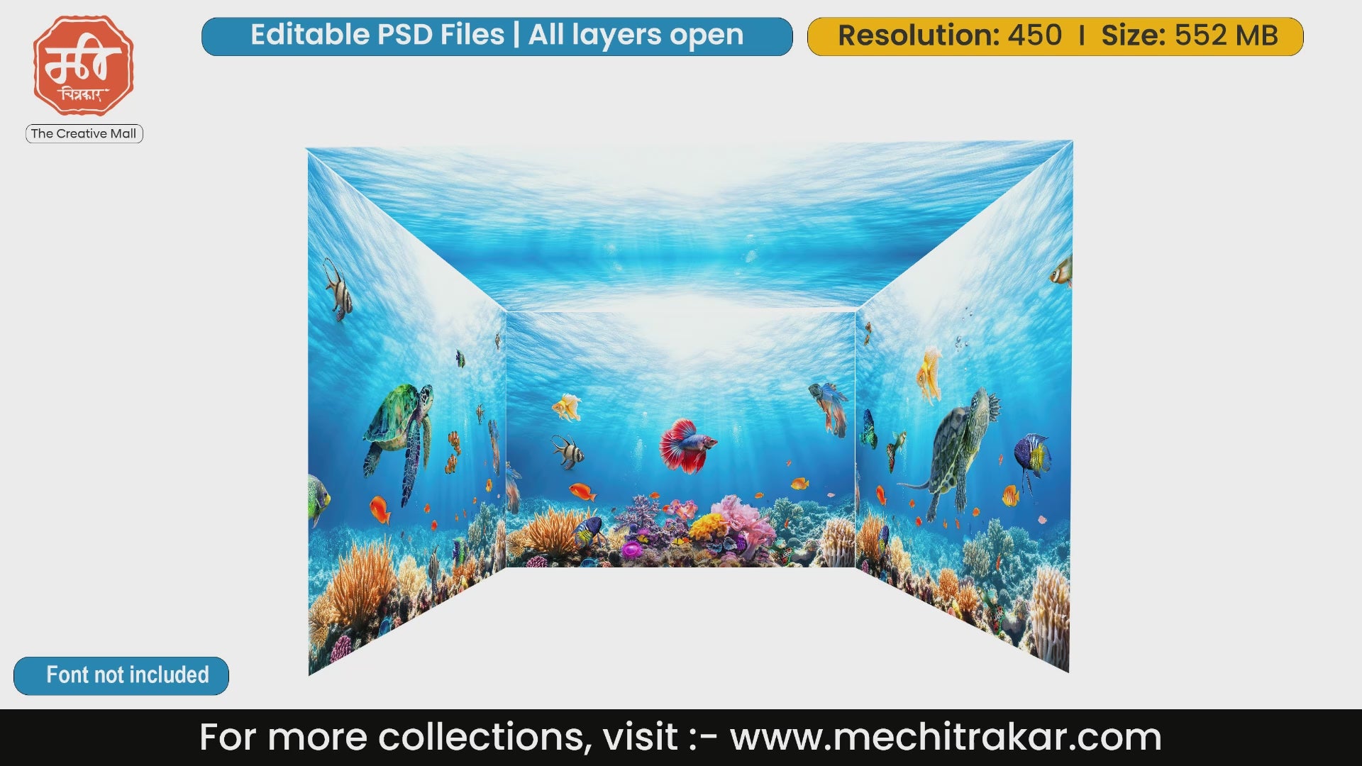 Deep blue ocean underwater theme 4 Side Decoration editable psd template featuring coral reefs and marine life.