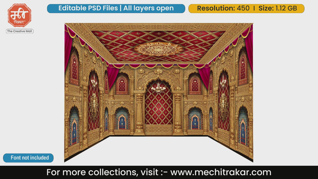 Traditional ethnic palace 4 Side Decoration editable psd template with warm red curtains and intricate golden jali.