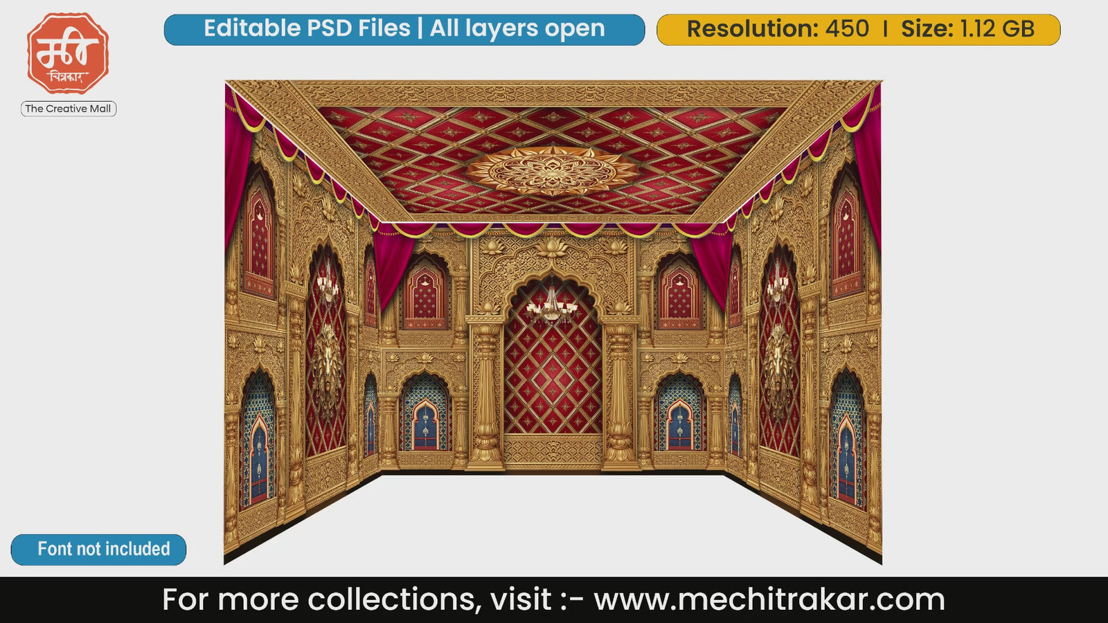 Traditional ethnic palace 4 Side Decoration editable psd template with warm red curtains and intricate golden jali.