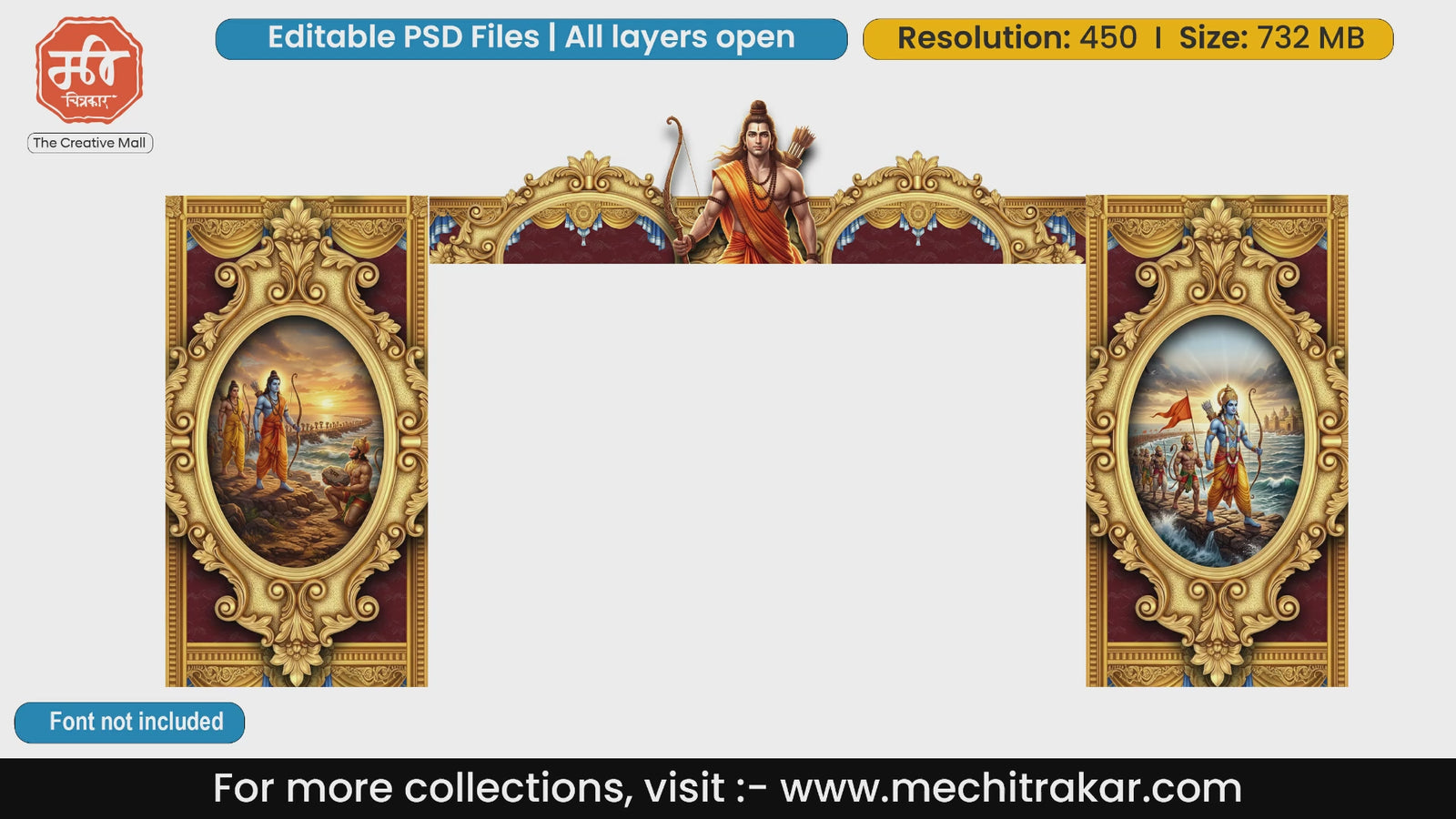 Shri Ram Darbar and Lord Shiva Rameshwaram scene entry gate editable PSD template with majestic golden temple domes.
