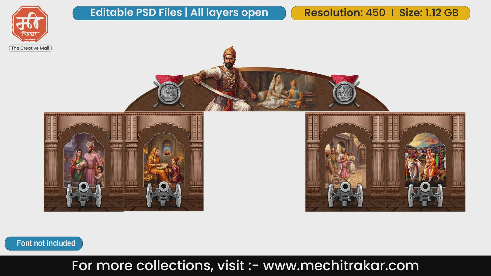 Historical theme Shivjayanti entry gate editable PSD template depicting Chhatrapati Shivaji Maharaj childhood and Swarajya scenes
