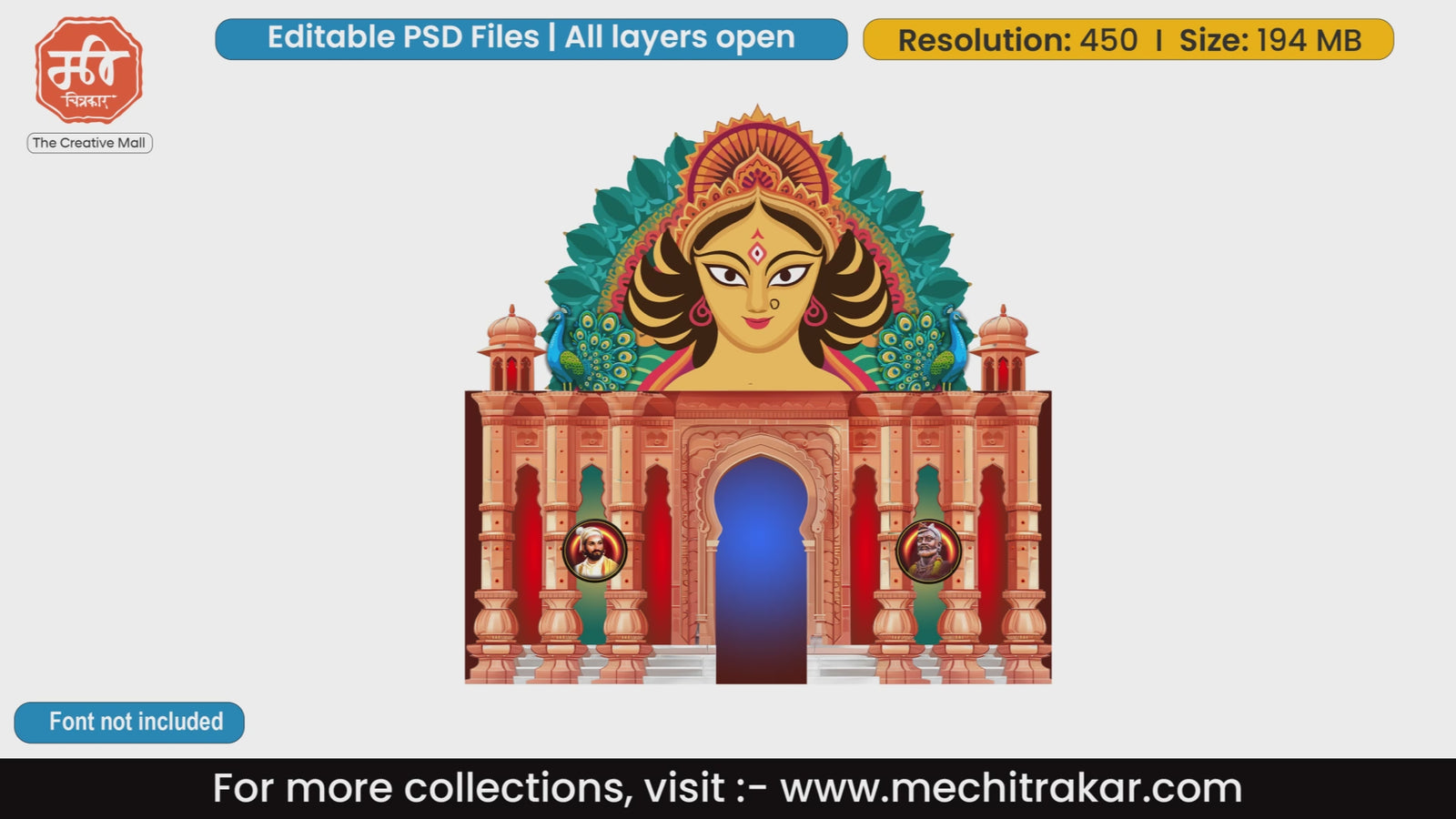 Grand Navratri welcome gate PSD template editable with majestic Goddess Durga face art blended with Chhatrapati Shivaji Maharaj round medals.