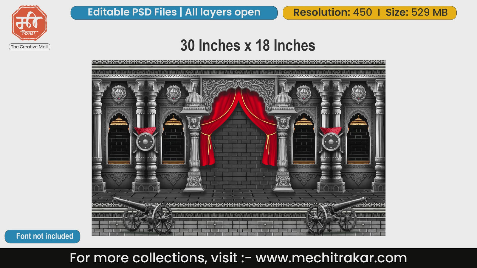 Grand Maratha fort pillars with red curtains, historic cannons, and weapons editable PSD template.