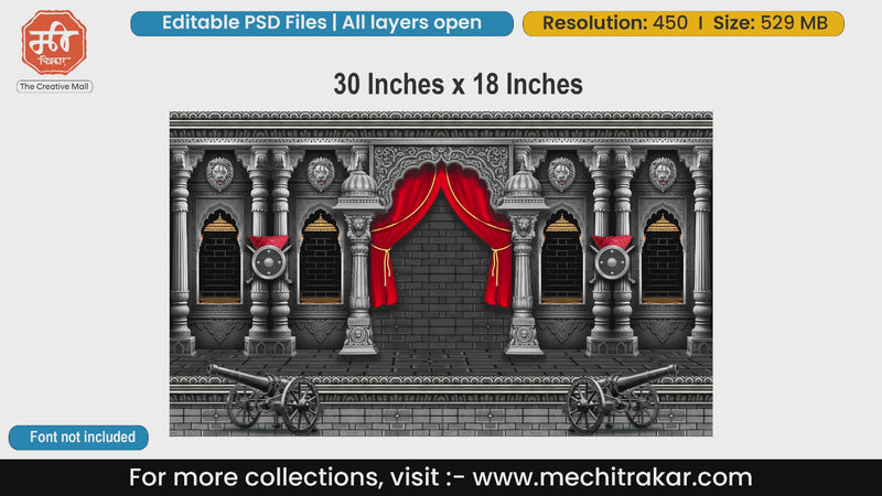 Grand Maratha fort pillars with red curtains, historic cannons, and weapons editable PSD template.