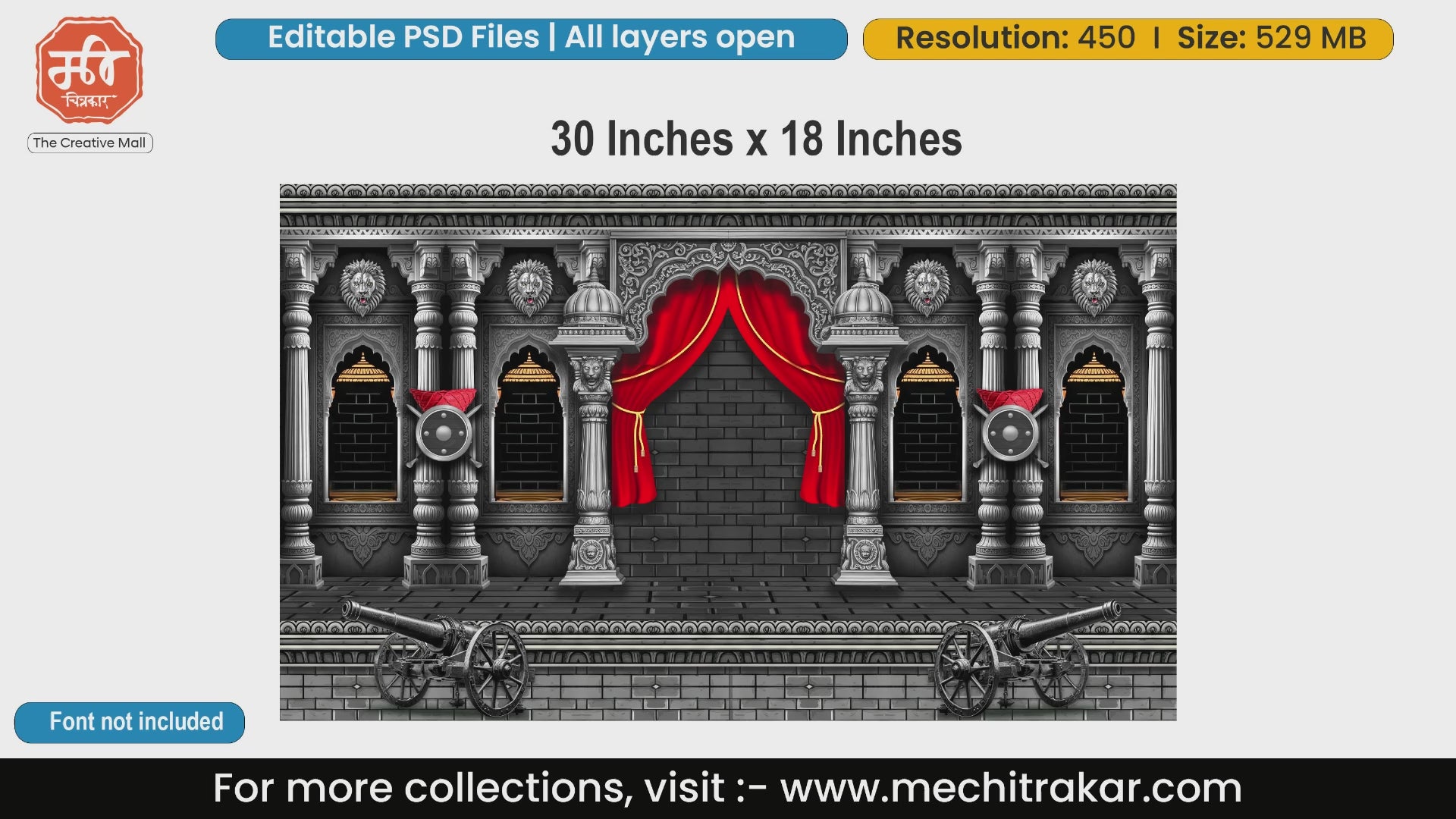 Grand Maratha fort pillars with red curtains, historic cannons, and weapons editable PSD template.