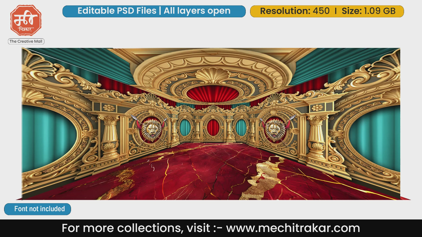 Golden & Teal Royal Palace with Lion Medallions – Editable PSD Backdrop Theme