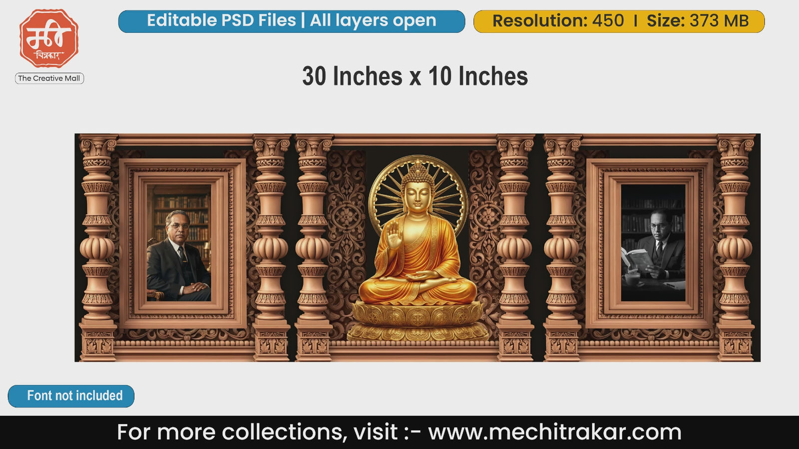 Golden Buddha and Dr. Babasaheb Ambedkar reading editable PSD backdrop template with wooden carved pillars.
