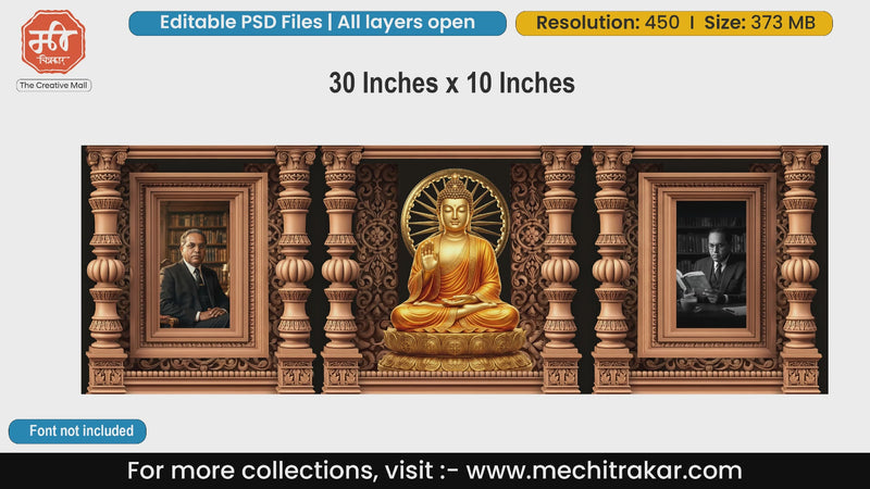 Golden Buddha and Dr. Babasaheb Ambedkar reading editable PSD backdrop template with wooden carved pillars.