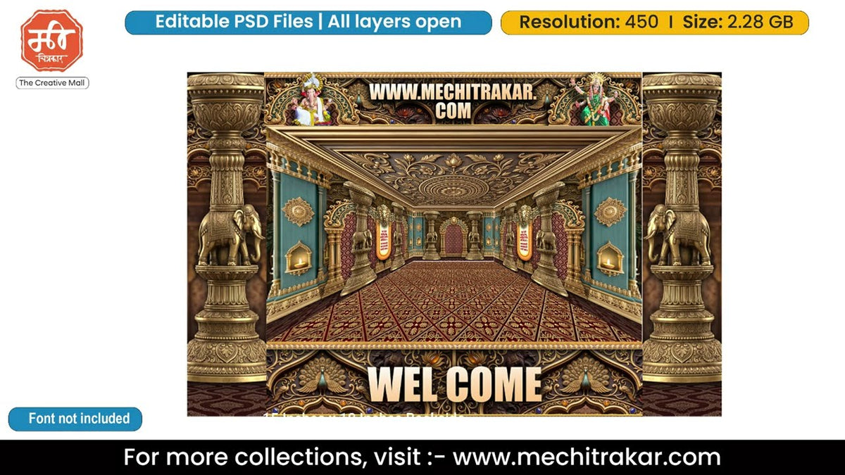 Lord Ganesha and Goddess Mahalakshmi Royal Palace Corridor Six Side Decoration Editable PSD Template for Pandal