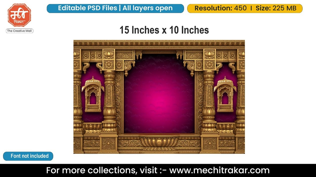 Magenta Carved Pillars Editable PSD Backdrop Template | Jharokha Windows Lotus Base Pandal Decoration Design