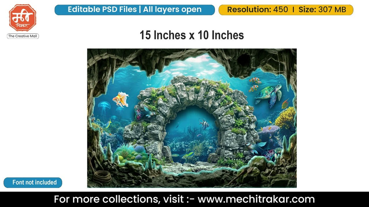Underwater Coral Cave Editable PSD Backdrop Template | Sea Turtle Fish Rock Arch Decoration Design