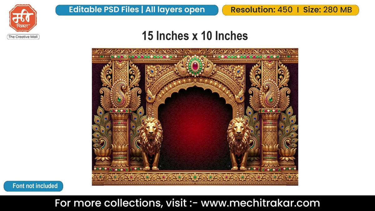 Jeweled Gold Arch Editable PSD Backdrop Template | Lions Peacock Feathers Red Glow Pandal Decoration Design