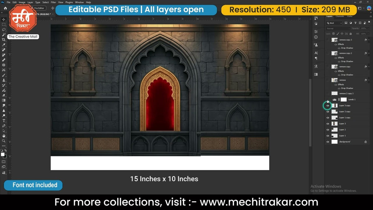 Fort Stone Wall Golden Pillars Editable PSD Backdrop Template | Red Velvet Niche Royal Stage Design